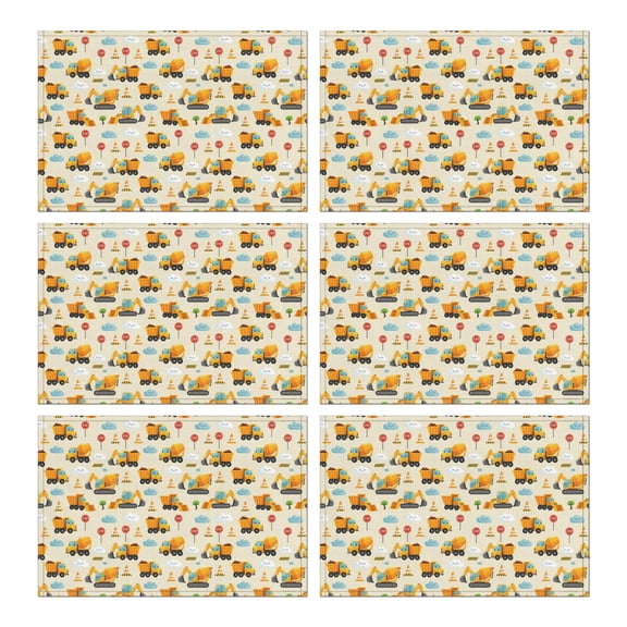 Cartoon Construction Vehicles Clouds Summer Placemats Table Placemats Set Of 6-Linen Kitchen Washable Placemats Table Mats 11.8"x17.7" Non-Slip Heat Resistant