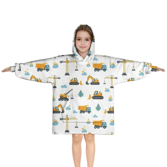Cartoon Construction Vehicles Clouds White Pattern Blanket Hoodies for Kids 6-13YR Oversize Wearable Blanket Hoodies for Boys Girls Teens