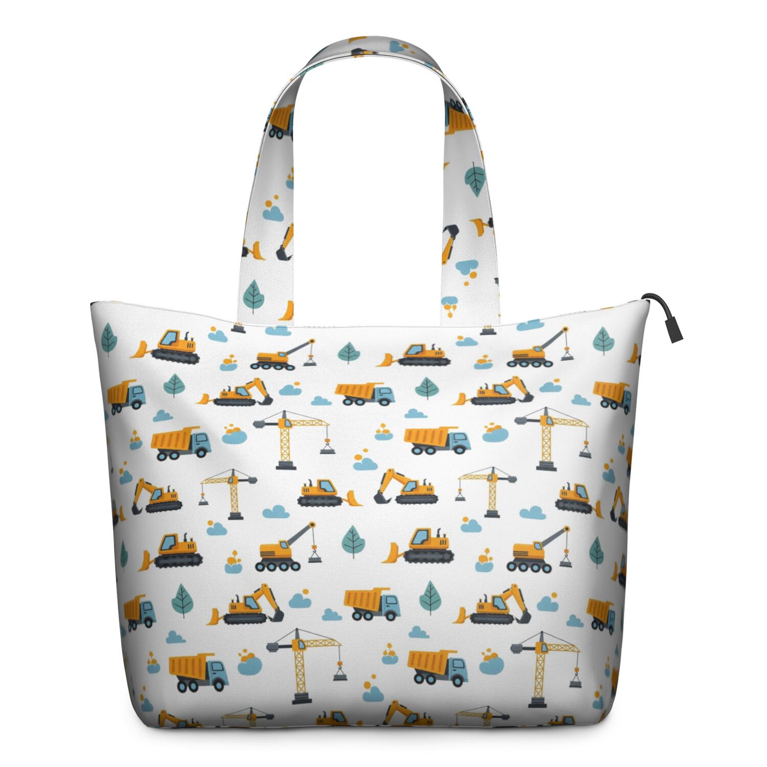 Cartoon Construction Vehicles Clouds White Pattern Travel Tote Bags for Women Carry On,Large Weekender Bags for Women Travel,Multi Functional Duffle Bag for Work,Shopping,Sports