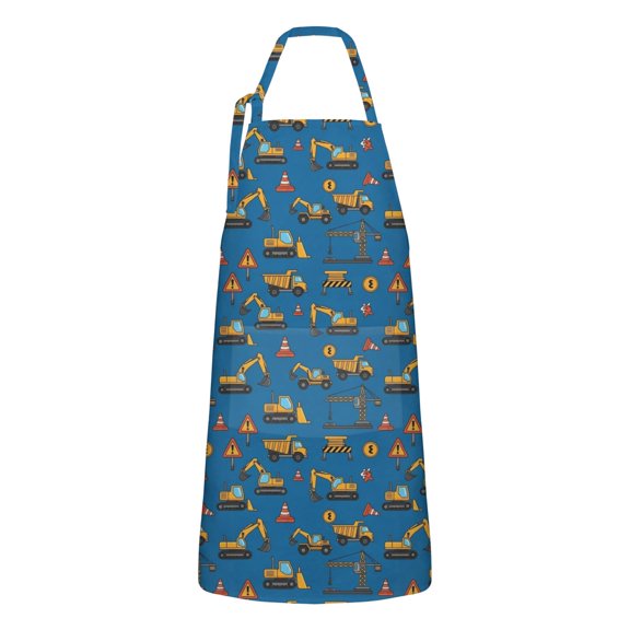 Cartoon Construction Vehicles Cones Blue Apron-Garden Aprons for Women with Pockets-Cotton Linen Waterproof Kitchen Cooking Gardening Aprons Adjustable for Kitchen,Cooking,BBQ and Salon 33x27 Inch