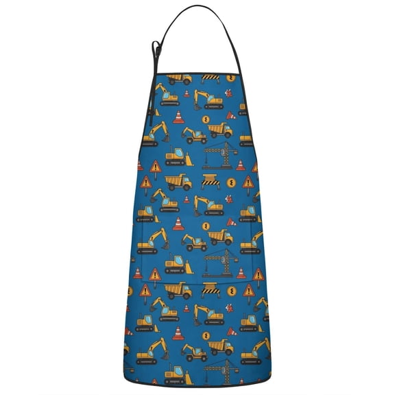 Cartoon Construction Vehicles Cones Blue Apron-Garden Aprons for Women with Pockets-Cotton Linen Waterproof Kitchen Cooking Gardening Aprons Adjustable for Kitchen,Cooking,BBQ and Salon 33x27 Inch