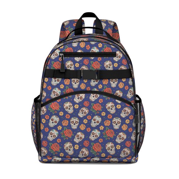 Blue Skull Rose Flower Pattern Backpack for School,Cute School Bag,Schoolbag with Adjustable Shoulder Straps & Padded Back,15.25"x11.5"x5.25"