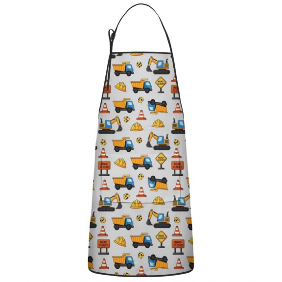 Cartoon Construction Vehicles Cones Gray Apron-Garden Aprons for Women with Pockets-Cotton Linen Waterproof Kitchen Cooking Gardening Aprons Adjustable for Kitchen,Cooking,BBQ and Salon 33x27 Inch