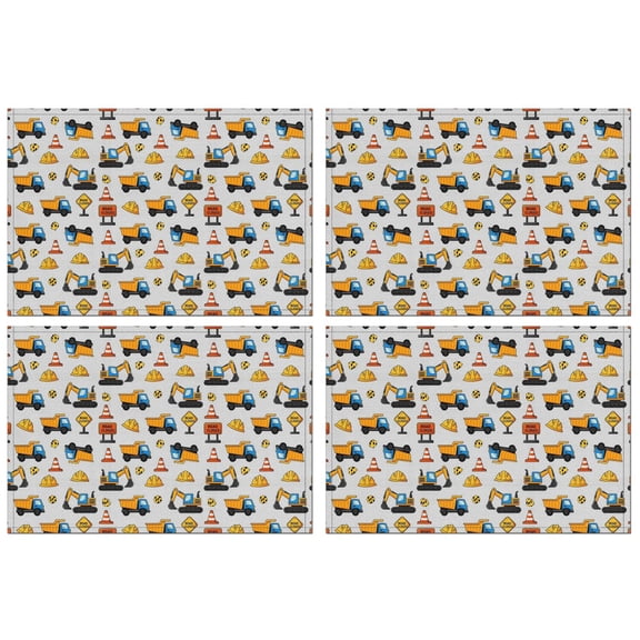 Cartoon Construction Vehicles Cones Gray Pattern Summer Placemats Table Placemats Set Of 4-Linen Kitchen Washable Placemats Table Mats 11.8"x17.7" Non-Slip Heat Resistant