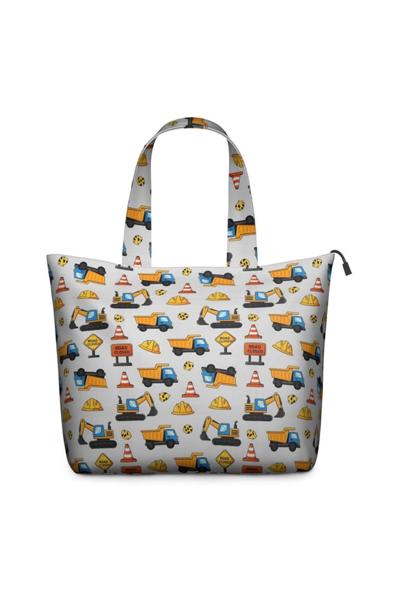Cartoon Construction Vehicles Cones Gray Pattern Travel Tote Bags for Women Carry On,Large Weekender Bags for Women Travel,Multi Functional Duffle Bag for Work,Shopping,Sports