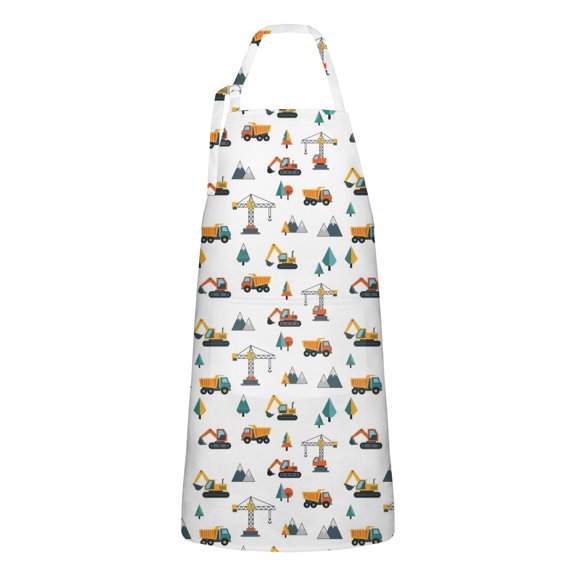 Cartoon Construction Vehicles Cranes Apron-Garden Aprons for Women with Pockets-Cotton Linen Waterproof Kitchen Cooking Gardening Aprons Adjustable for Kitchen,Cooking,BBQ and Salon 33x27 Inch