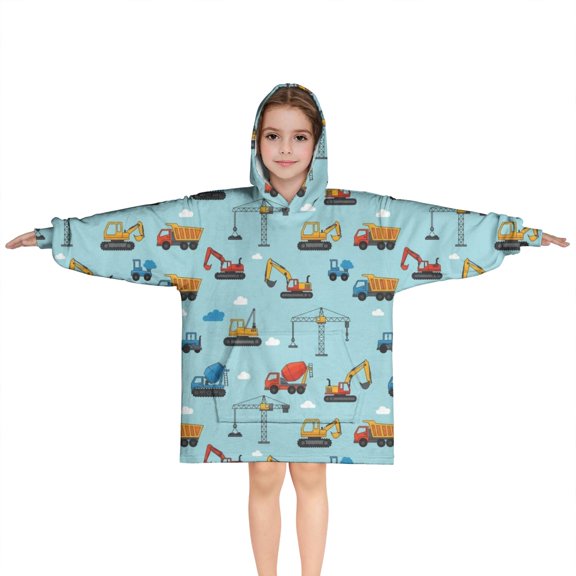 Cartoon Construction Vehicles Cranes Blue Pattern Blanket Hoodies for Kids 6-13YR Oversize Wearable Blanket Hoodies for Boys Girls Teens