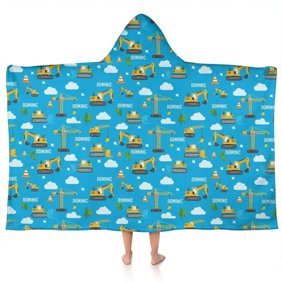 Cartoon Construction Vehicles Cranes Hooded Bath Towel,50"x30" for Ages 3 To 12 Kids, Quick Dry Lightweight Soft Microfiber Hood Beach Towel Cover Up for Kids