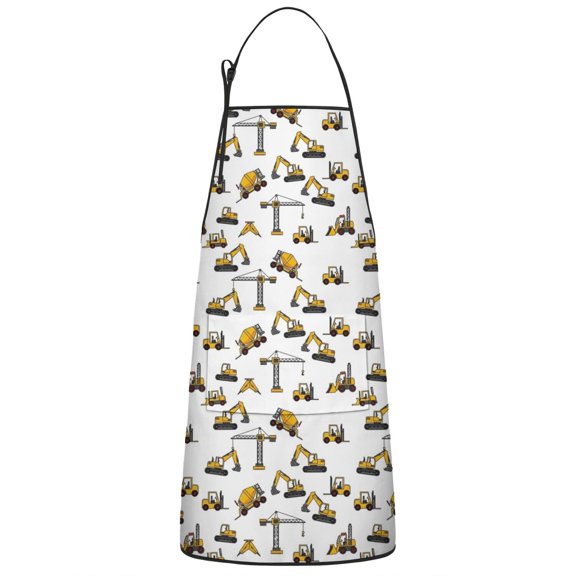 Cartoon Construction Vehicles Cranes White Apron-Garden Aprons for Women with Pockets-Cotton Linen Waterproof Kitchen Cooking Gardening Aprons Adjustable for Kitchen,Cooking,BBQ and Salon 33x27 Inch