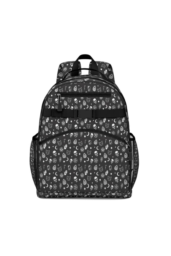 Black Gothic Skull Cat Pattern Backpack for School,Cute School Bag,Schoolbag with Adjustable Shoulder Straps & Padded Back,15.25"x11.5"x5.25"