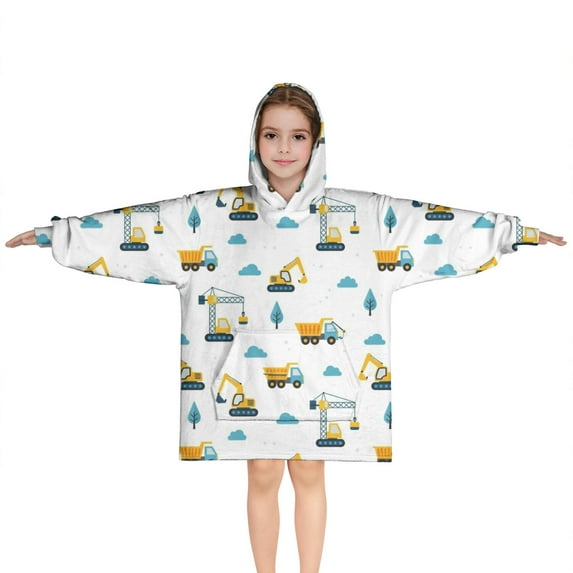 Cartoon Construction Vehicles Cranes White Pattern Blanket Hoodies for Kids 6-13YR Oversize Wearable Blanket Hoodies for Boys Girls Teens