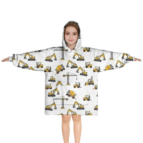 Cartoon Construction Vehicles Cranes White Pattern Blanket Hoodies for Kids 6-13YR Oversize Wearable Blanket Hoodies for Boys Girls Teens