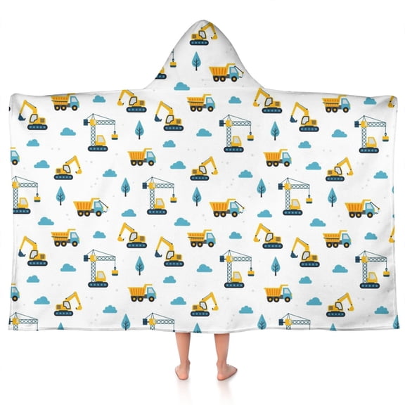 Cartoon Construction Vehicles Cranes White Pattern Hooded Bath Towel,50"x30" for Ages 3 To 12 Kids, Quick Dry Lightweight Soft Microfiber Hood Beach Towel Cover Up for Kids