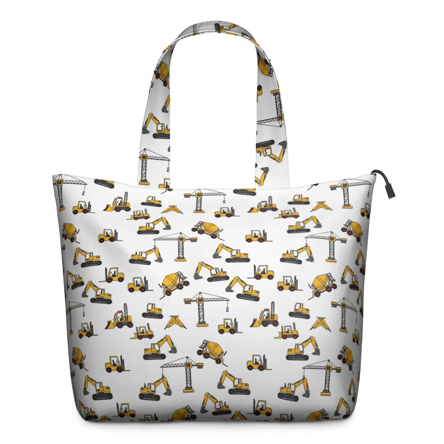 Cartoon Construction Vehicles Cranes White Pattern Travel Tote Bags for Women Carry On,Large Weekender Bags for Women Travel,Multi Functional Duffle Bag for Work,Shopping,Sports