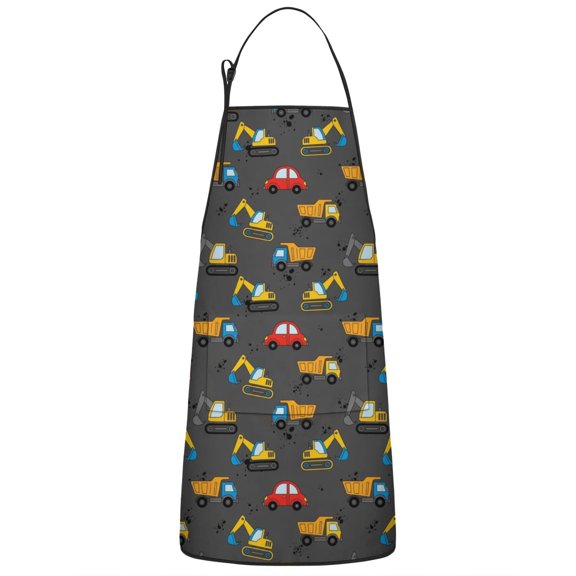Cartoon Construction Vehicles Dump Trucks Apron-Garden Aprons for Women with Pockets-Cotton Linen Waterproof Kitchen Cooking Gardening Aprons Adjustable for Kitchen,Cooking,BBQ and Salon 33x27 Inch