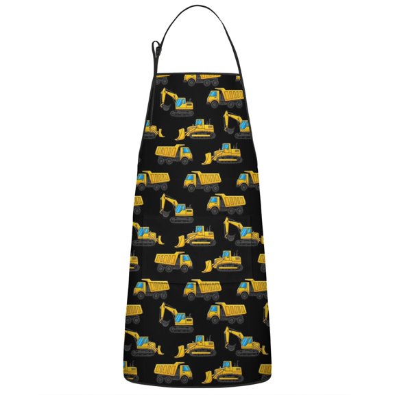 Cartoon Construction Vehicles Excavators Apron-Garden Aprons for Women with Pockets-Cotton Linen Waterproof Kitchen Cooking Gardening Aprons Adjustable for Kitchen,Cooking,BBQ and Salon 33x27 Inch