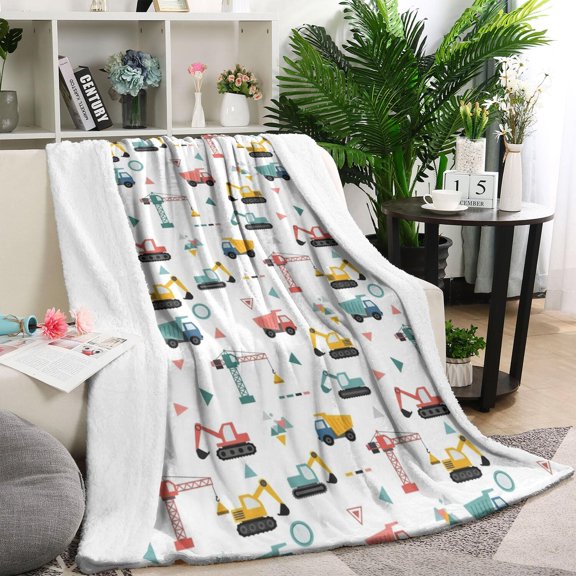 Cartoon Construction Vehicles Geometric Shapes Blanket,Comfortable Soft Flannel Throw Blanket,All Season,Warm Lightweight Blankets for Sofa Bed Couch Living Room Chair,60"x80"