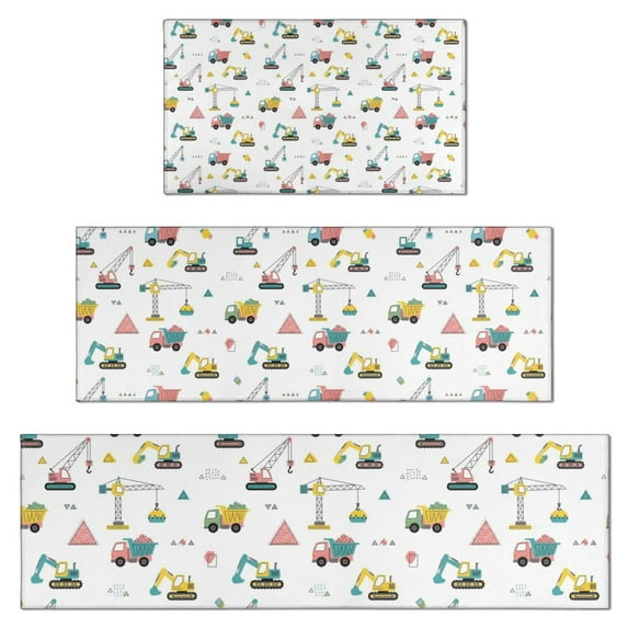 Cartoon Construction Vehicles Geometric Shapes Kitchen Rugs Sets Of 3,Kitchen Runner Rugs Non Skid Washable,Decorative Kitchen Floor Mats for Kitchen,Sink,Laundry,17"x30"+ 17"x47" + 17"x59"