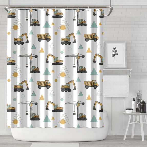 Cartoon Construction Vehicles Geometric Shapes Shower Curtain 84"x72" ,Bathroom Decorative Shower Curtains Set with 12 Hooks,Modern Waterproof Washable Shower Curtain