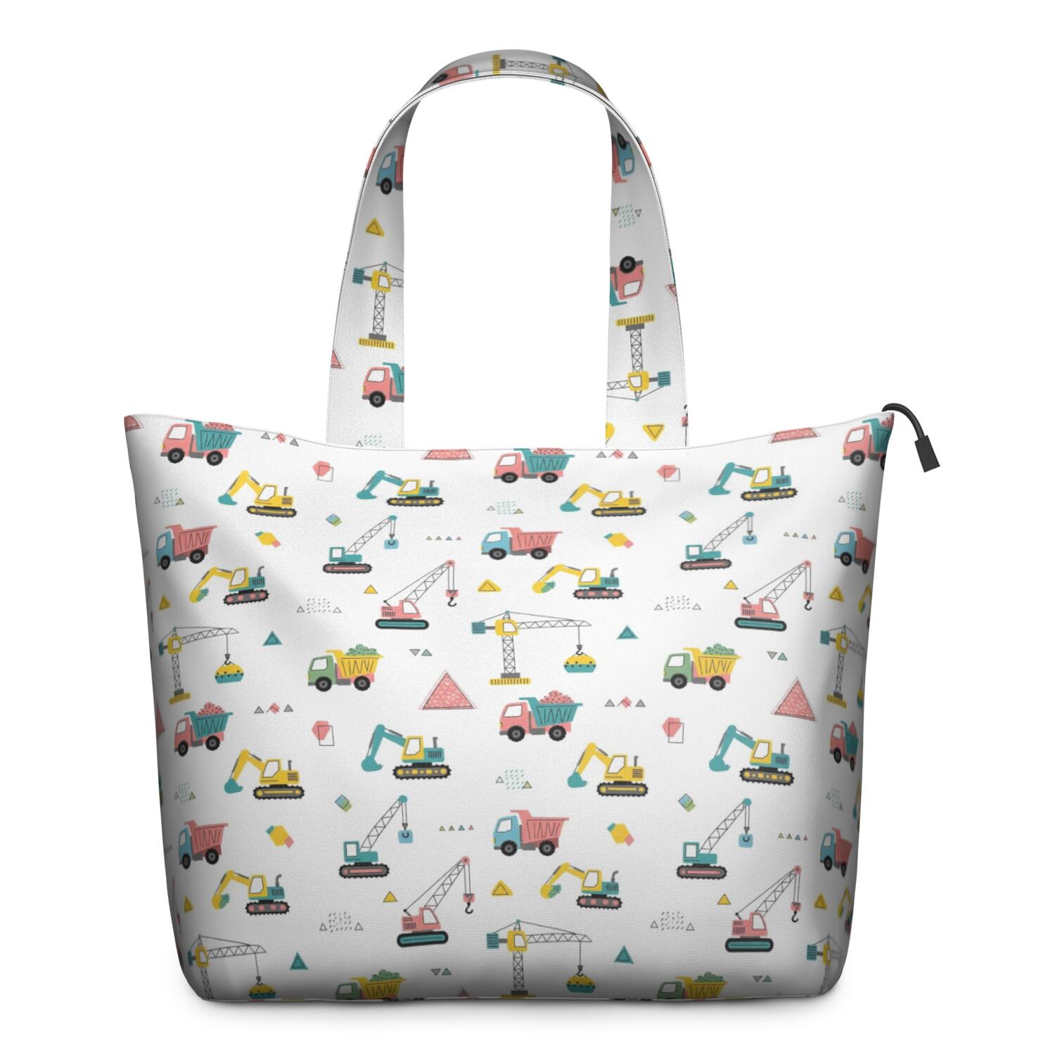 Cartoon Construction Vehicles Geometric Shapes Travel Tote Bags for Women Carry On,Large Weekender Bags for Women Travel,Multi Functional Duffle Bag for Work,Shopping,Sports
