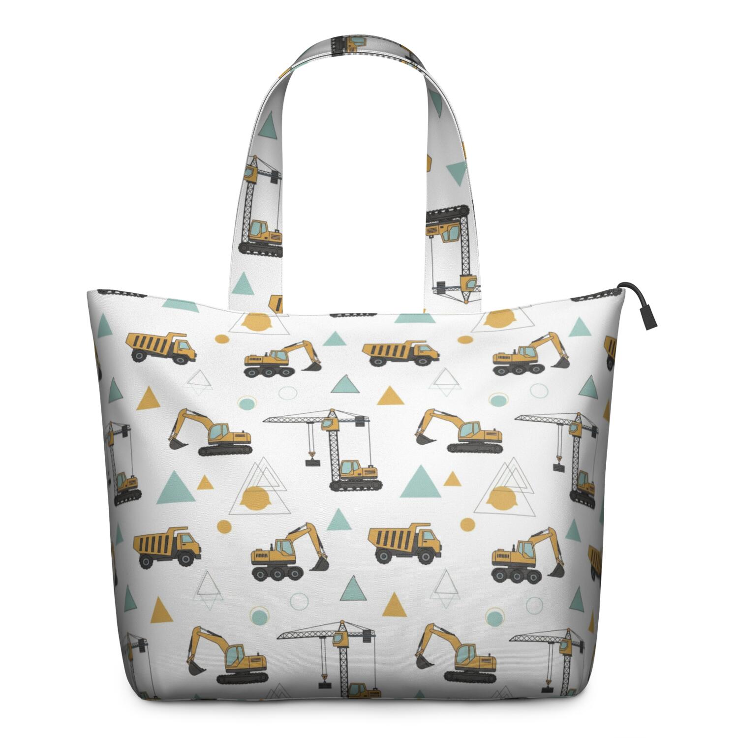 Cartoon Construction Vehicles Geometric Shapes Travel Tote Bags for Women Carry On,Large Weekender Bags for Women Travel,Multi Functional Duffle Bag for Work,Shopping,Sports