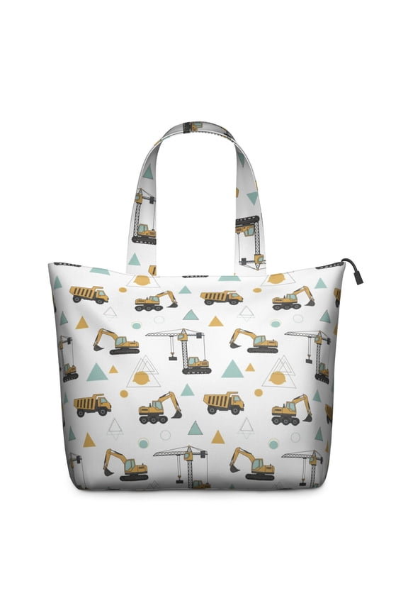 Cartoon Construction Vehicles Geometric Shapes Travel Tote Bags for Women Carry On,Large Weekender Bags for Women Travel,Multi Functional Duffle Bag for Work,Shopping,Sports