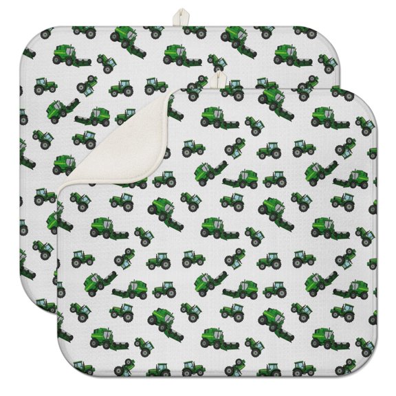 Cartoon Construction Vehicles Green Gray Pattern Dish Drying Mat for Kitchen 1 Pack, Ultra Absorbent Microfiber Dishes Drainer Mats,16"x18"