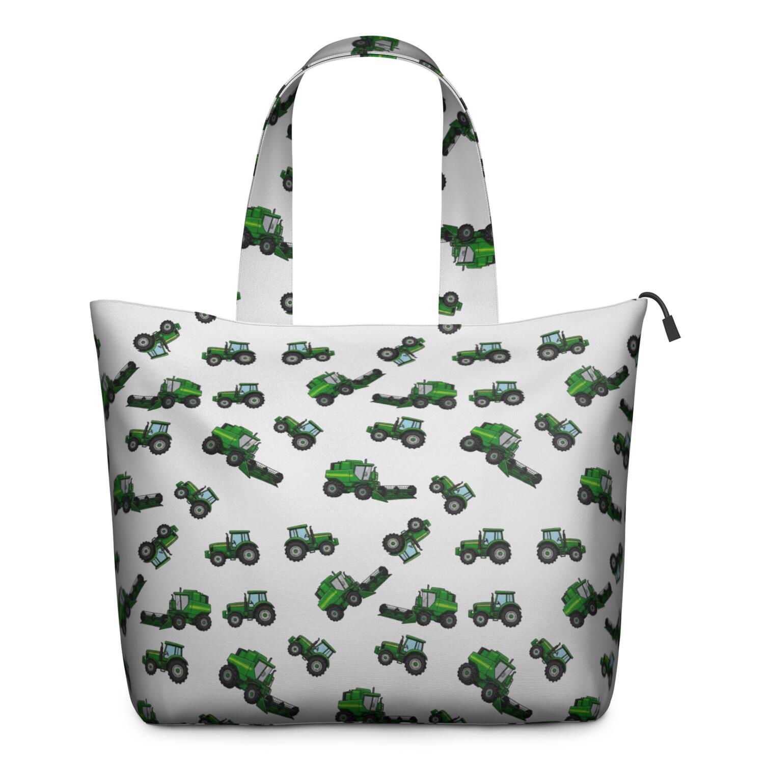 Cartoon Construction Vehicles Green Gray Pattern Travel Tote Bags for Women Carry On,Large Weekender Bags for Women Travel,Multi Functional Duffle Bag for Work,Shopping,Sports