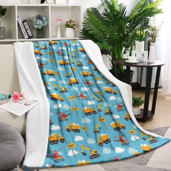 Cartoon Construction Vehicles Helicopters Blanket,Comfortable Soft Flannel Throw Blanket,All Season,Warm Lightweight Blankets for Sofa Bed Couch Living Room Chair,60"x80"