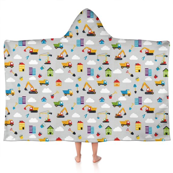 Cartoon Construction Vehicles Houses Hooded Bath Towel,50"x30" for Ages 3 To 12 Kids, Quick Dry Lightweight Soft Microfiber Hood Beach Towel Cover Up for Kids