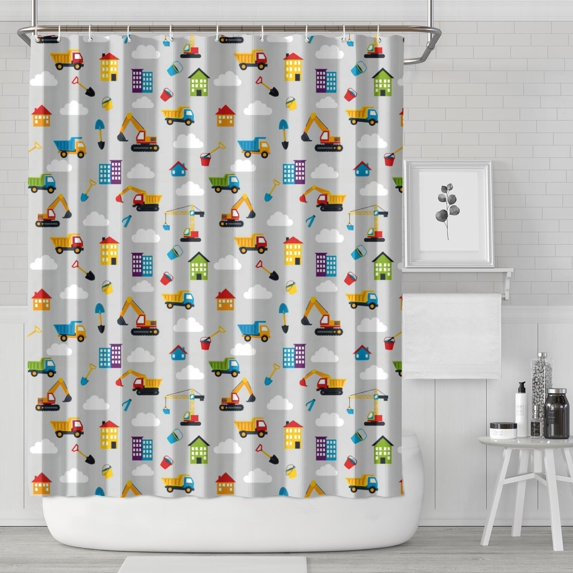 Cartoon Construction Vehicles Houses Shower Curtain 84"x72" ,Bathroom Decorative Shower Curtains Set with 12 Hooks,Modern Waterproof Washable Shower Curtain