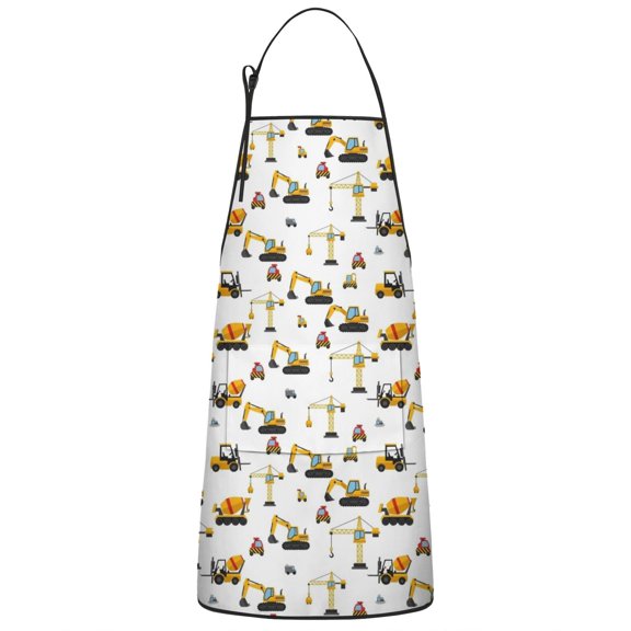 Cartoon Construction Vehicles Mixers White Apron-Garden Aprons for Women with Pockets-Cotton Linen Waterproof Kitchen Cooking Gardening Aprons Adjustable for Kitchen,Cooking,BBQ and Salon 33x27 Inch