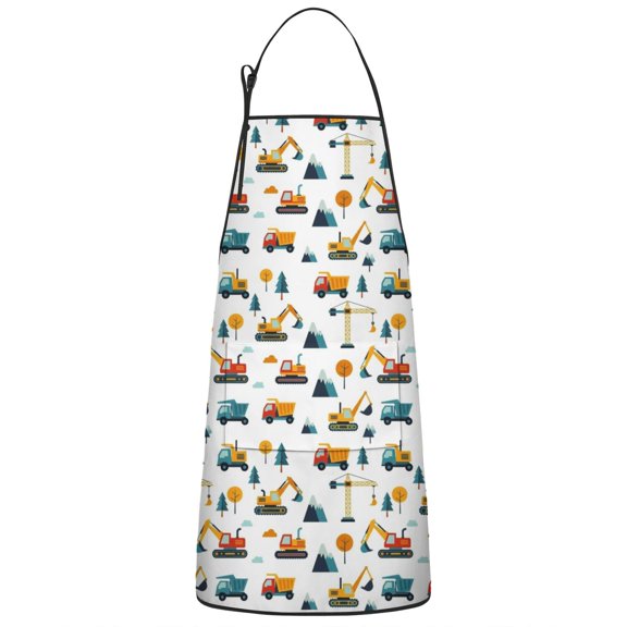 Cartoon Construction Vehicles Mountains Apron-Garden Aprons for Women with Pockets-Cotton Linen Waterproof Kitchen Cooking Gardening Aprons Adjustable for Kitchen,Cooking,BBQ and Salon 33x27 Inch