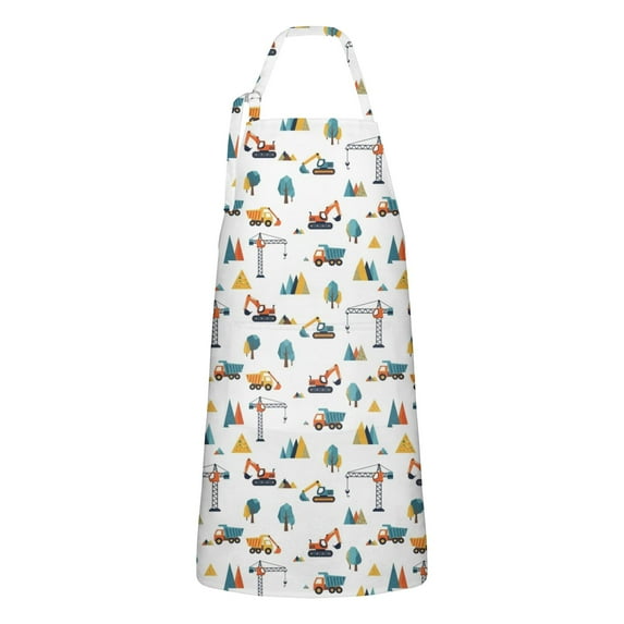 Cartoon Construction Vehicles Mountains Apron-Garden Aprons for Women with Pockets-Cotton Linen Waterproof Kitchen Cooking Gardening Aprons Adjustable for Kitchen,Cooking,BBQ and Salon 33x27 Inch