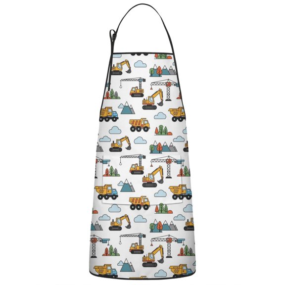 Cartoon Construction Vehicles Mountains Apron-Garden Aprons for Women with Pockets-Cotton Linen Waterproof Kitchen Cooking Gardening Aprons Adjustable for Kitchen,Cooking,BBQ and Salon 33x27 Inch