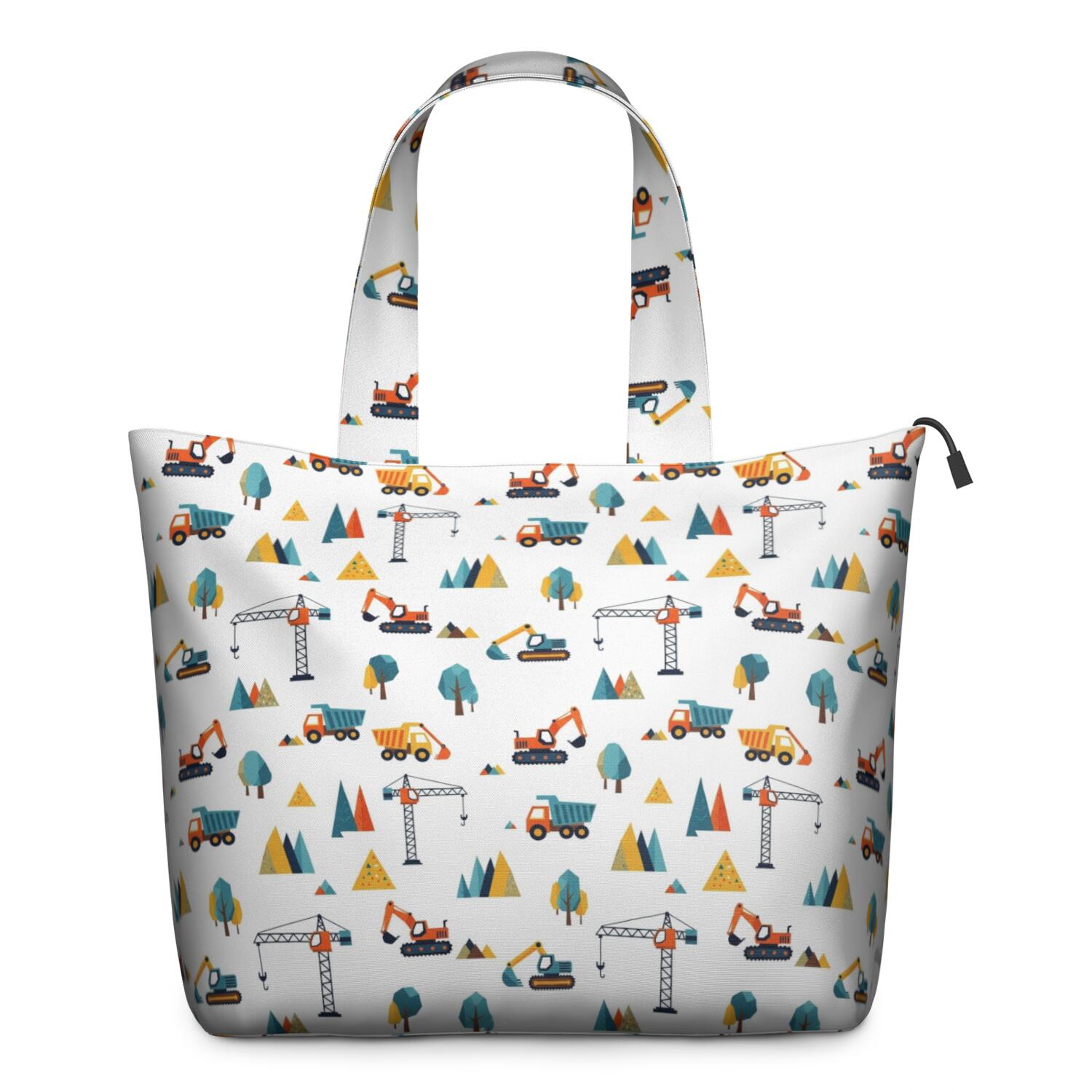 Cartoon Construction Vehicles Mountains Travel Tote Bags for Women Carry On,Large Weekender Bags for Women Travel,Multi Functional Duffle Bag for Work,Shopping,Sports