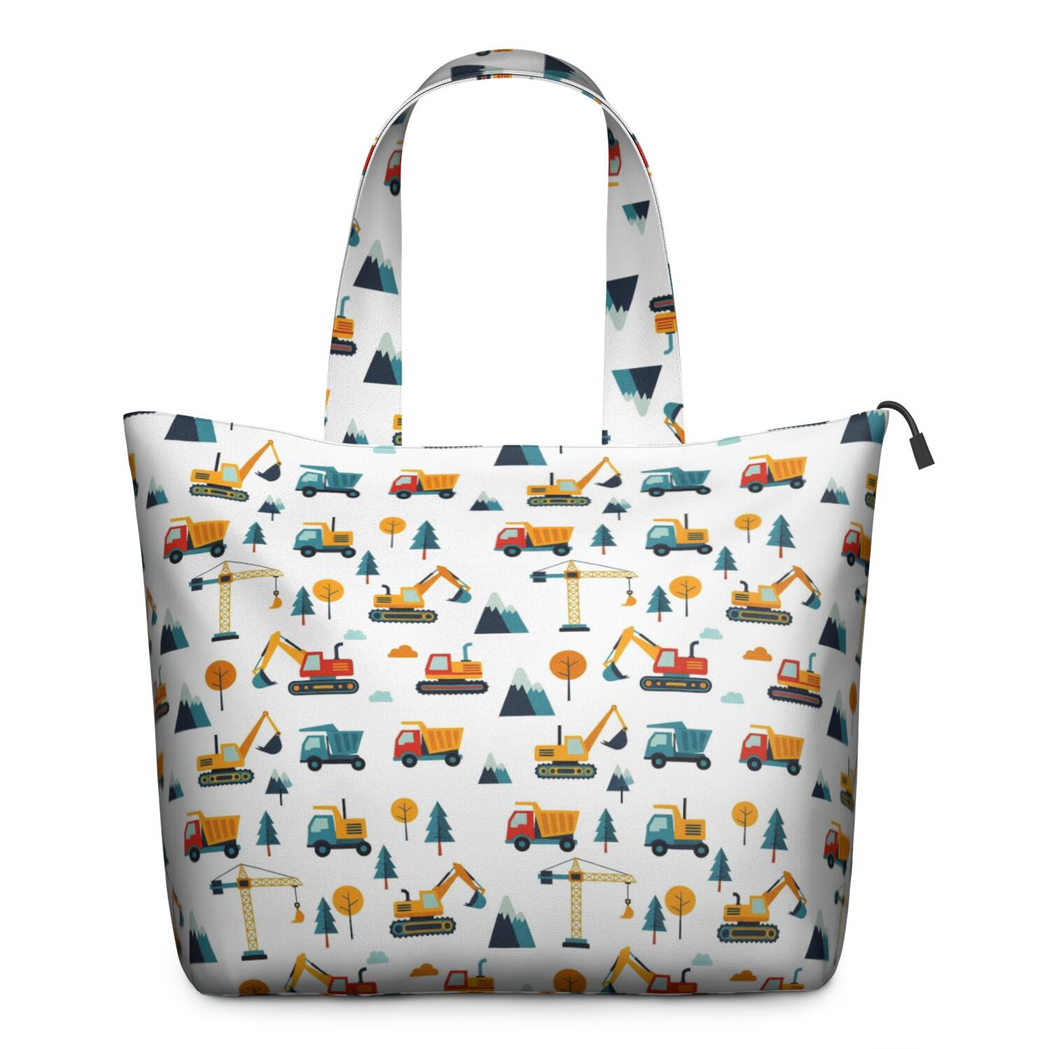 Cartoon Construction Vehicles Mountains Travel Tote Bags for Women Carry On,Large Weekender Bags for Women Travel,Multi Functional Duffle Bag for Work,Shopping,Sports
