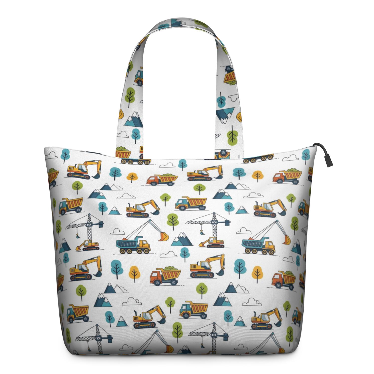 Cartoon Construction Vehicles Mountains Travel Tote Bags for Women Carry On,Large Weekender Bags for Women Travel,Multi Functional Duffle Bag for Work,Shopping,Sports