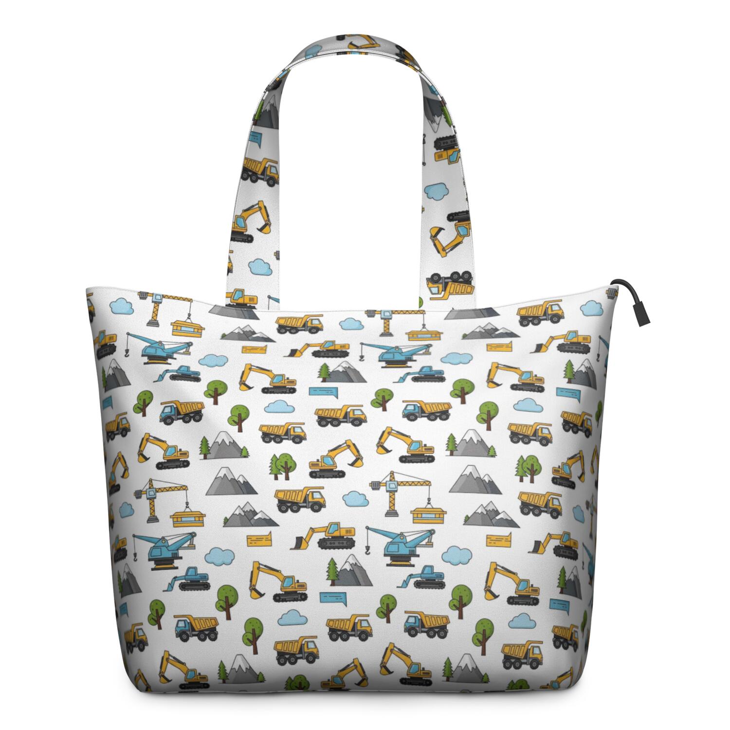 Cartoon Construction Vehicles Mountains White Pattern Travel Tote Bags for Women Carry On,Large Weekender Bags for Women Travel,Multi Functional Duffle Bag for Work,Shopping,Sports