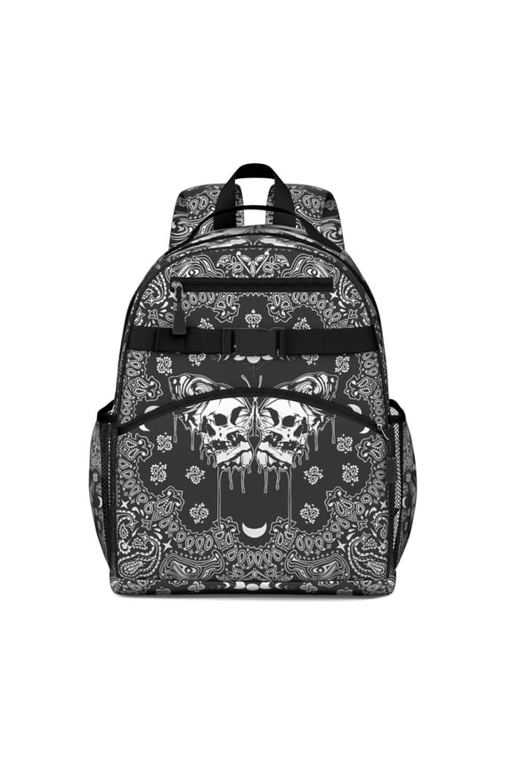 Black Gothic Skull Butterfly Pattern Backpack for School,Cute School Bag,Schoolbag with Adjustable Shoulder Straps & Padded Back,15.25"x11.5"x5.25"