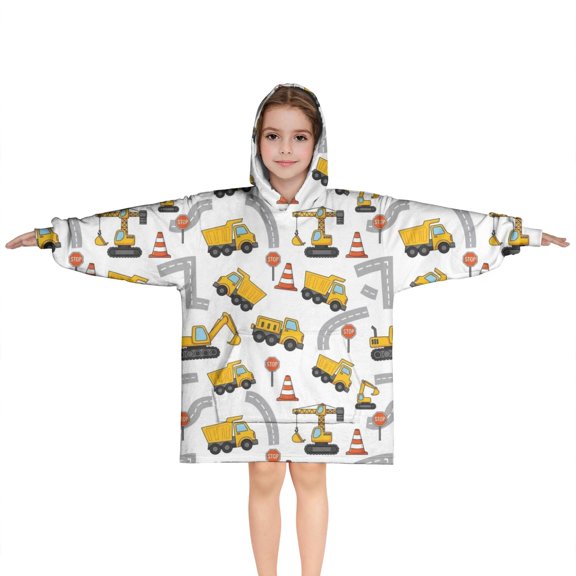 Cartoon Construction Vehicles Road Cones White Pattern Blanket Hoodies for Kids 6-13YR Oversize Wearable Blanket Hoodies for Boys Girls Teens