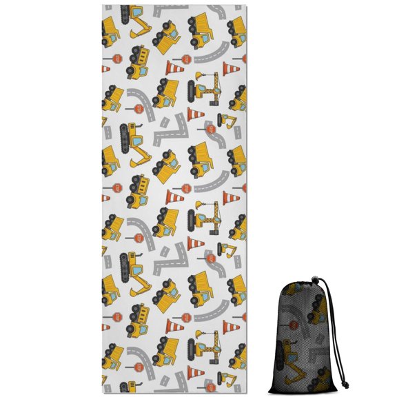 Cartoon Construction Vehicles Road Cones White Pattern Hot Yoga Mat Towel Non Slip for Hot Yoga - Quick-Drying Yoga Mat Cover with 4 Corner Pockets with Travel Bag - Hot Yoga Towel Non Slip 74"x26"