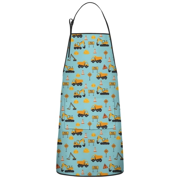 Cartoon Construction Vehicles Road Signs Apron-Garden Aprons for Women with Pockets-Cotton Linen Waterproof Kitchen Cooking Gardening Aprons Adjustable for Kitchen,Cooking,BBQ and Salon 33x27 Inch