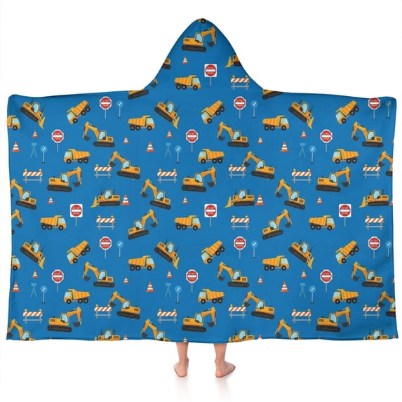 Cartoon Construction Vehicles Road Signs Hooded Bath Towel,60"x35" for Ages 3 To 12 Kids, Quick Dry Lightweight Soft Microfiber Hood Beach Towel Cover Up for Kids