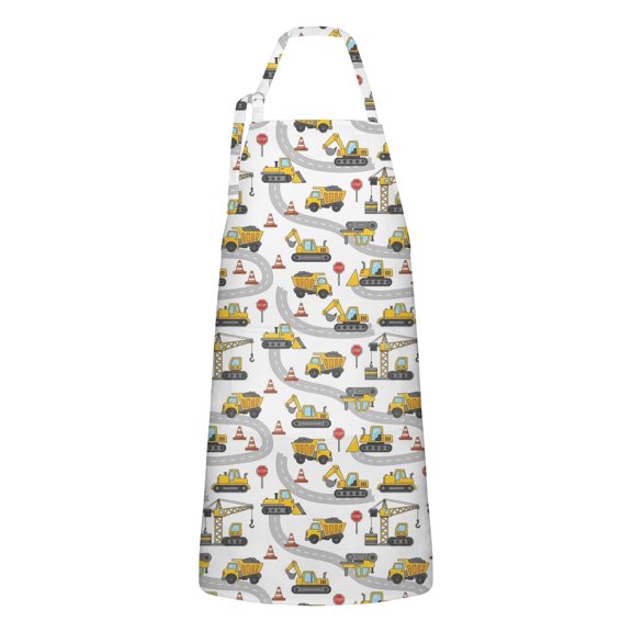 Cartoon Construction Vehicles Roads Apron-Garden Aprons for Women with Pockets-Cotton Linen Waterproof Kitchen Cooking Gardening Aprons Adjustable for Kitchen,Cooking,BBQ and Salon 33x27 Inch