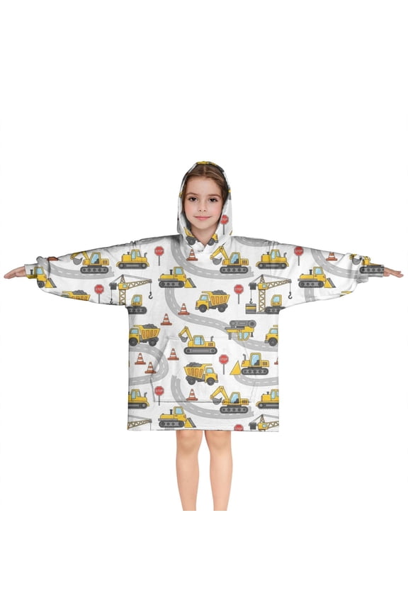 Cartoon Construction Vehicles Roads Blanket Hoodies for Kids 6-13YR Oversize Wearable Blanket Hoodies for Boys Girls Teens