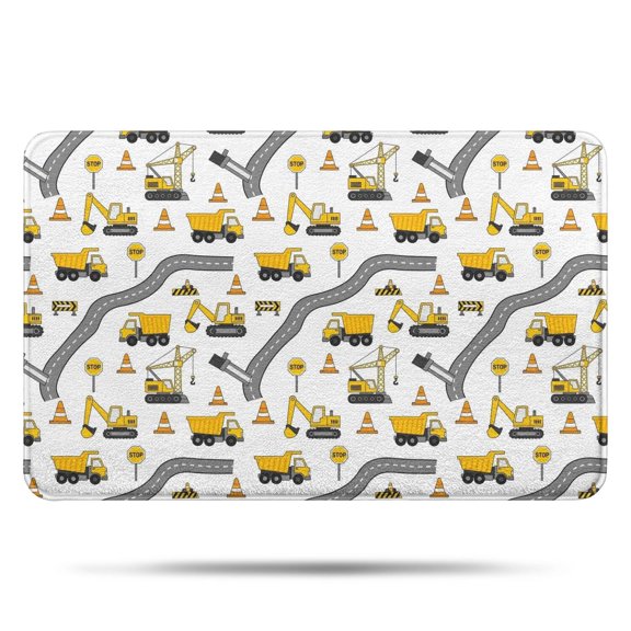 Cartoon Construction Vehicles Roads White Pattern Bathroom Rugs Mat,Non Slip Microfiber Bathroom Rug,Rubber Backing,Soft Bathroom Mats for Bathroom Floor,Tub and Shower,17x27in(43x68cm)