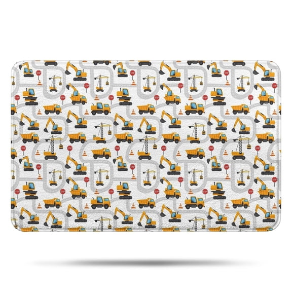 Cartoon Construction Vehicles Roads White Pattern Bathroom Rugs Mat,Non Slip Microfiber Bathroom Rug,Rubber Backing,Soft Bathroom Mats for Bathroom Floor,Tub and Shower,17x27in(43x68cm)