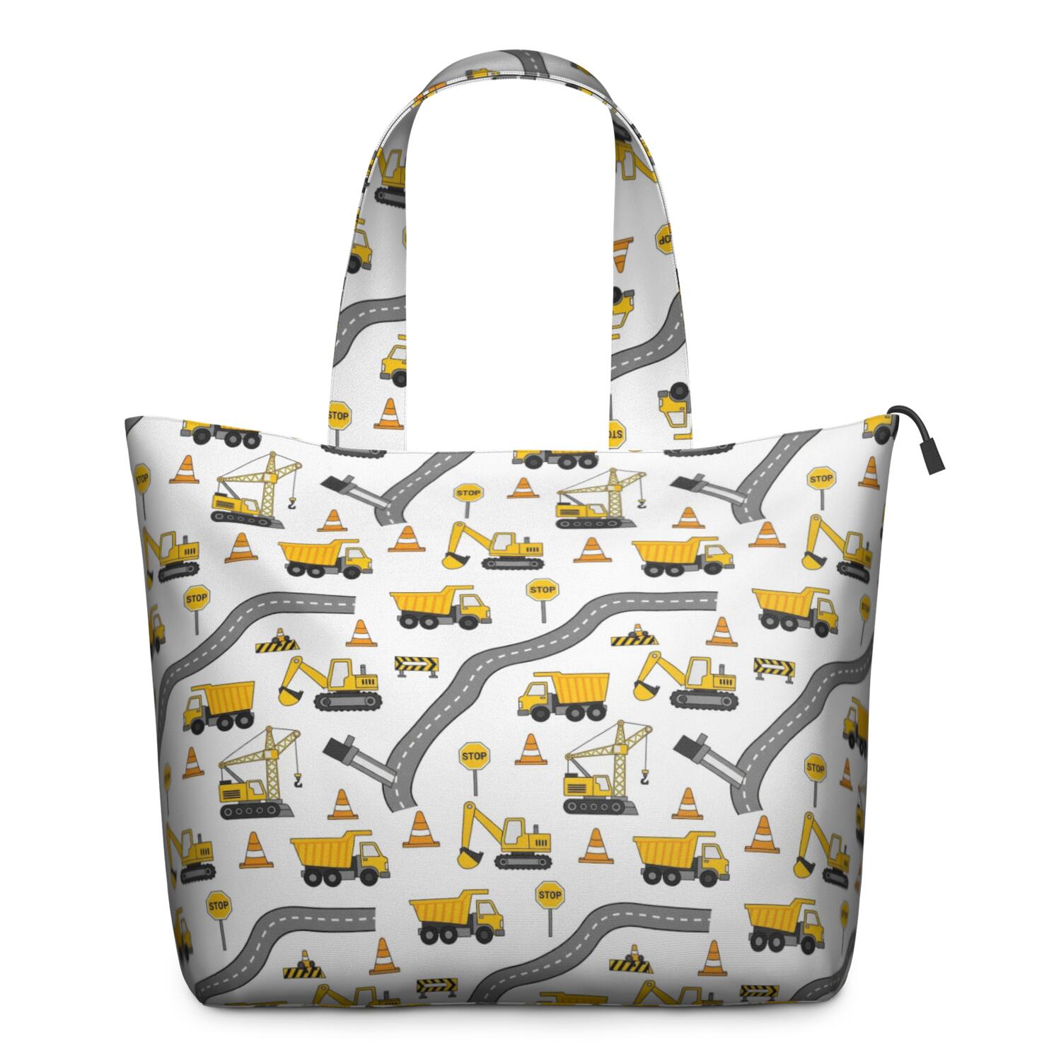 Cartoon Construction Vehicles Roads White Pattern Travel Tote Bags for Women Carry On,Large Weekender Bags for Women Travel,Multi Functional Duffle Bag for Work,Shopping,Sports