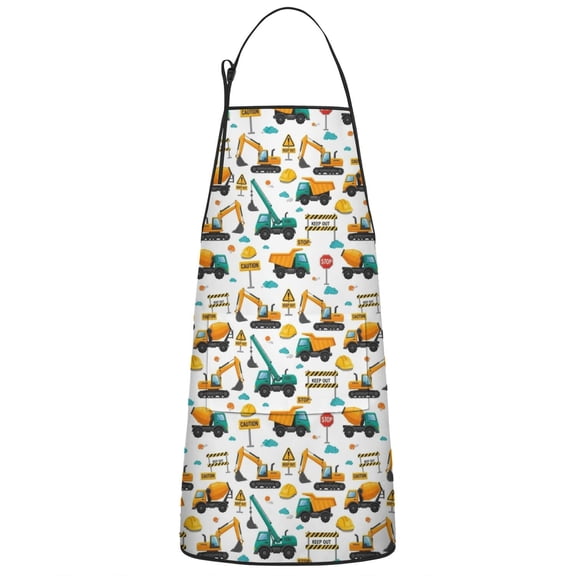 Cartoon Construction Vehicles Safety Signs Apron-Garden Aprons for Women with Pockets-Cotton Linen Waterproof Kitchen Cooking Gardening Aprons Adjustable for Kitchen,Cooking,BBQ and Salon 33x27 Inch